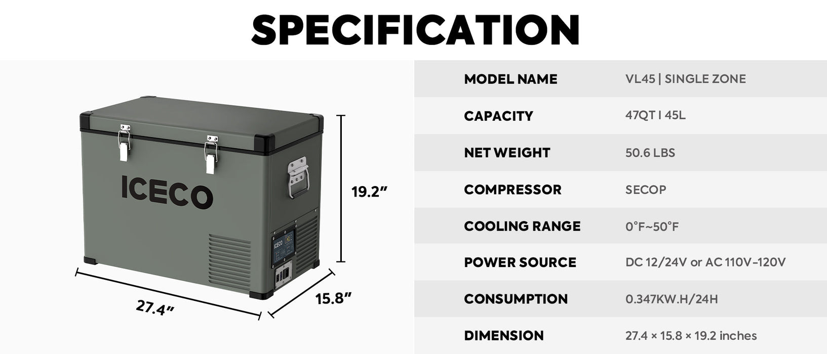 ICECO VL45 Portable Freezer Single Zone 45 LT